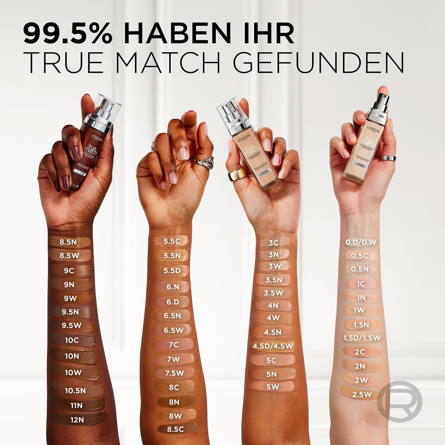 Text 99,5% haben ihr True Match gefunden, darunter 4 Unterarme auf denen alle Nuancen als Probe aufgetragen sind